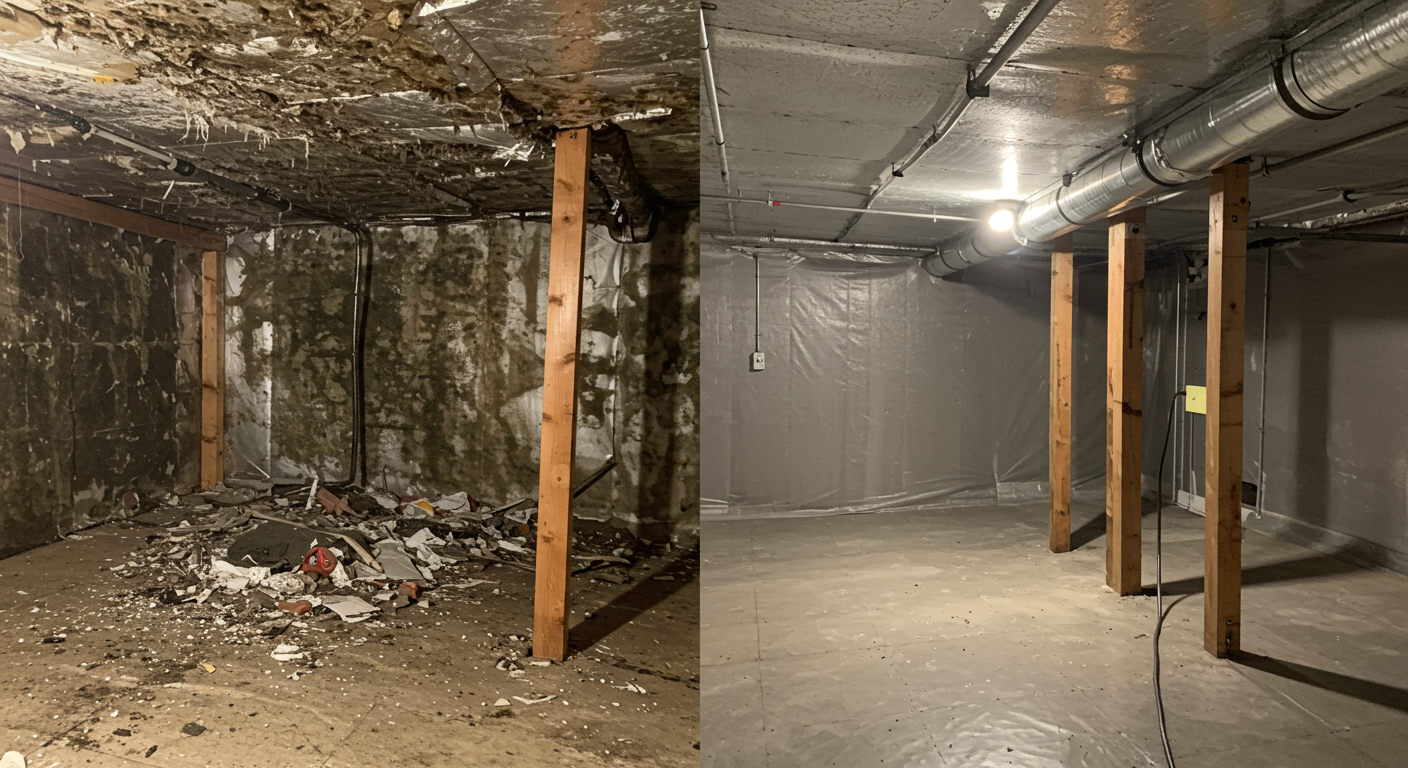 A before-and-after comparison of a crawl space, with the left side showing mold and debris, and the right side showing a clean, encapsulated space. The transformation highlights the effectiveness of mold remediation.