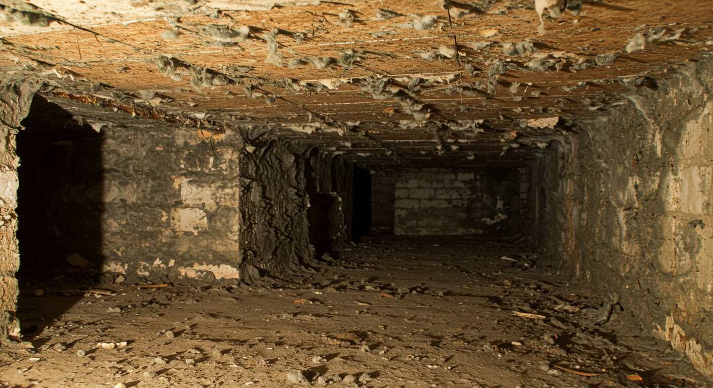 A wide-angle view of a crawl space showing damp conditions with visible mold growth, illustrating the problem area before treatment.