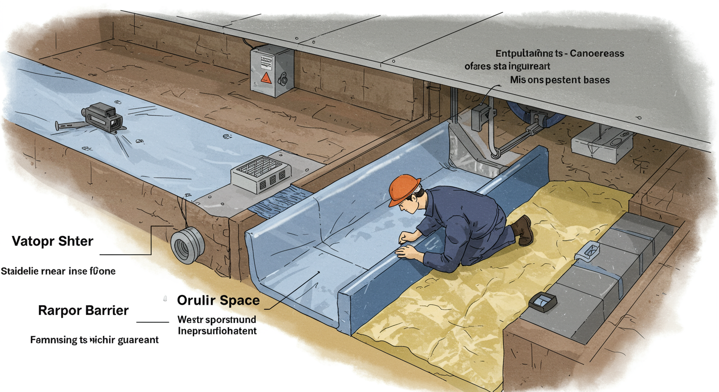 A detailed illustration showing a professional installing a vapor barrier in a crawl space.