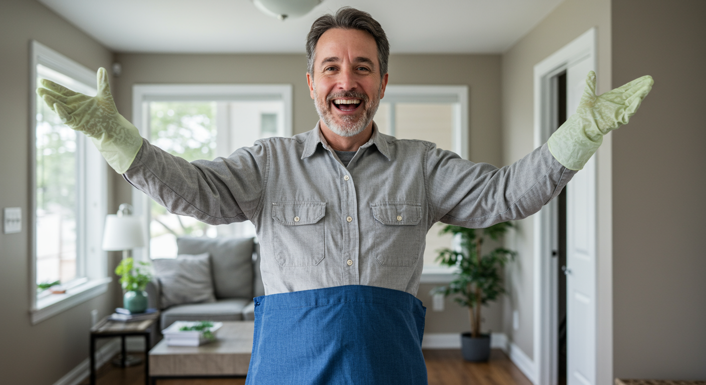 A satisfied customer standing in a clean, mold-free home, expressing gratitude to the mold cleanup team.