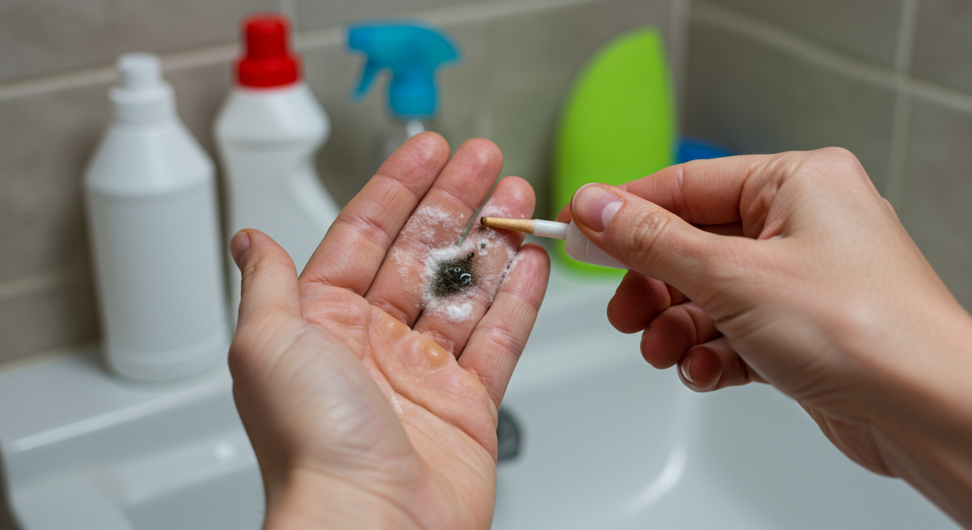 A close-up of hands applying a homemade mold removal solution (like vinegar or baking soda) on a small mold spot in a bathroom. The background features common household items used for cleaning, creating a relatable DIY atmosphere.
