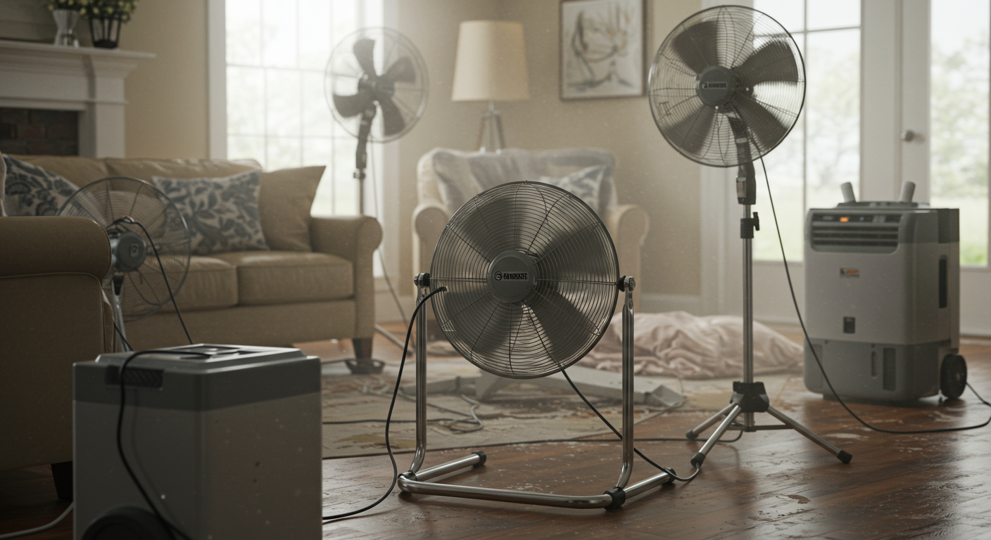 A drying setup in a home, featuring industrial fans and dehumidifiers working to dry out water-damaged areas.