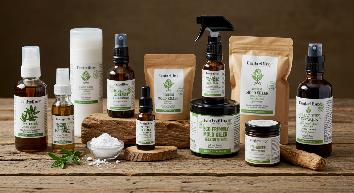 A collection of eco-friendly mold killer products displayed on a wooden surface, highlighting their natural ingredients and effectiveness.