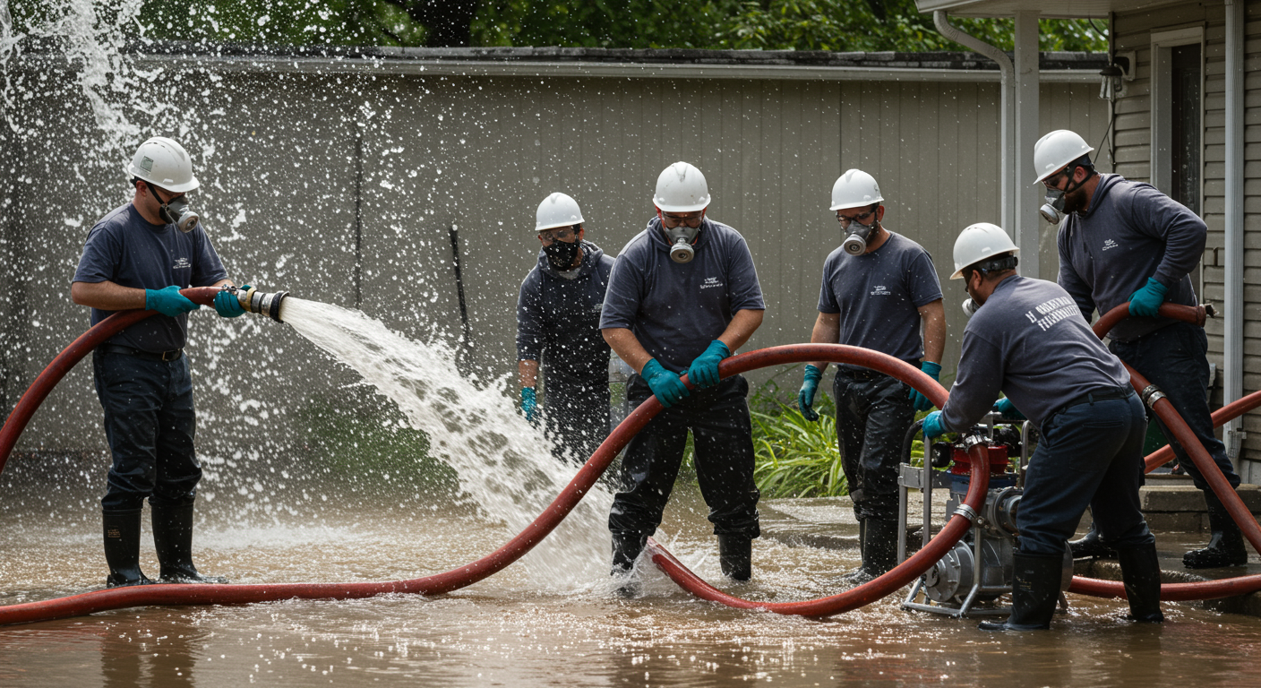 A team of professional water damage restoration technicians in protective gear actively working to remove water from a flooded residential property.