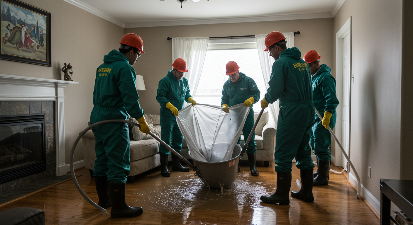 A team of professionals in safety gear actively extracting water from a flooded living room, showcasing the urgency of the cleanup process.
