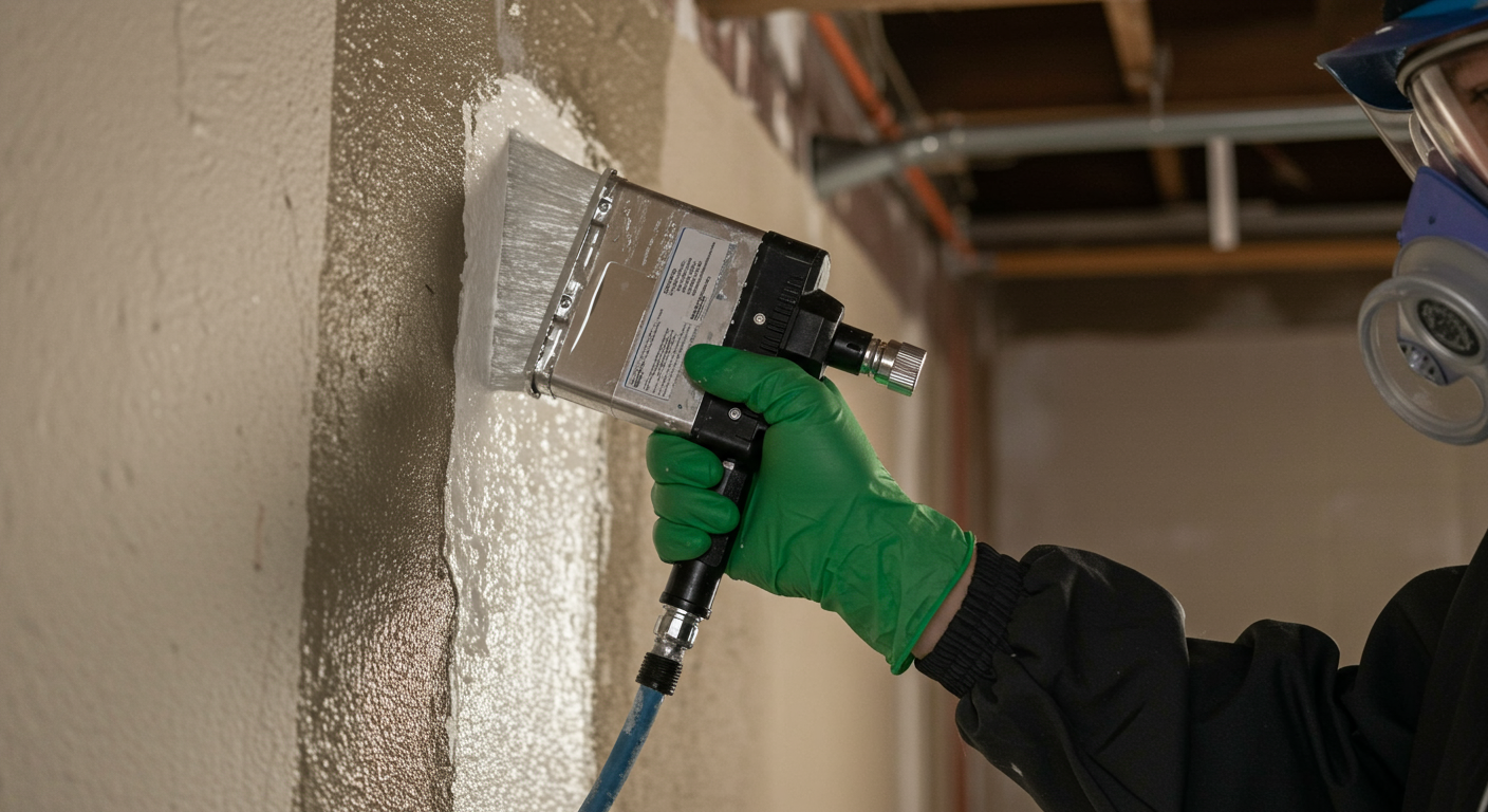 A close-up view of a technician applying a mold encapsulation product on a wall in a residential basement. The technician is wearing protective gear, showcasing the careful process involved.