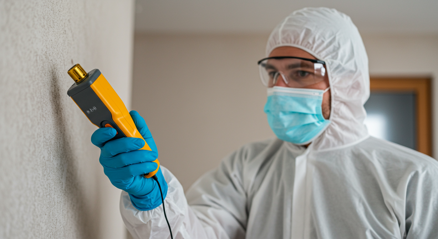 A close-up shot of a professional using a moisture meter to inspect a wall for mold presence. The inspector is dressed in protective gear, with a focused expression, highlighting the seriousness of the inspection process.
