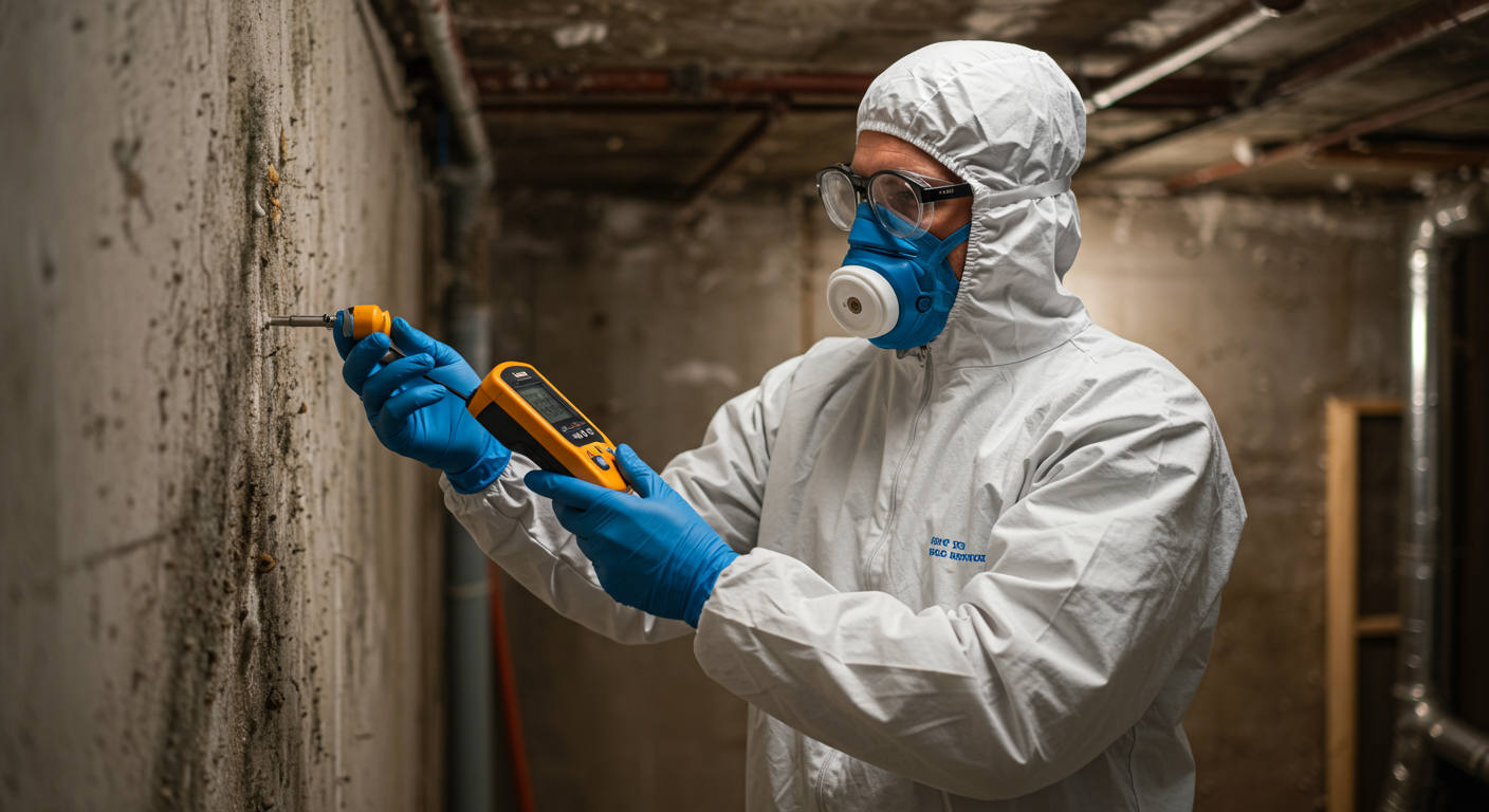 A professional mold inspector examining a damp wall with a moisture meter, wearing protective gear. The setting is a residential basement with visible signs of mold growth in the background.