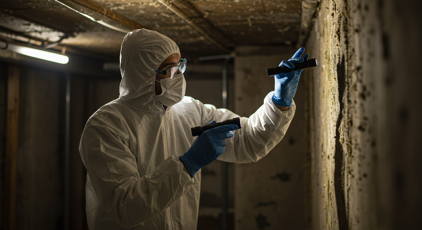 A professional mold inspector in protective gear examining a wall for mold growth with a flashlight. The background shows a dimly lit basement with visible signs of mold.