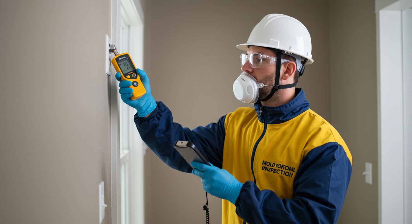 A professional mold inspector examining a wall with a moisture meter in a residential home.