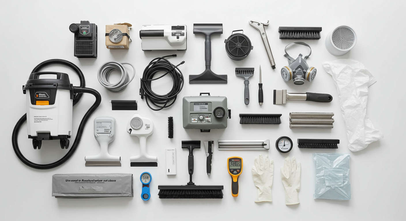 A collection of professional mold remediation equipment laid out neatly, showcasing the tools used for effective mold removal.