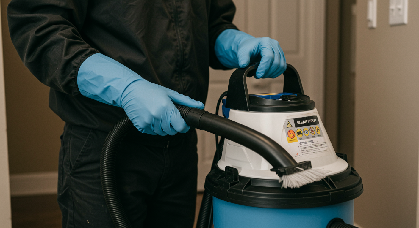 A technician using industrial mold removal equipment, such as a HEPA vacuum, in a home setting. The focus is on the action of cleaning.