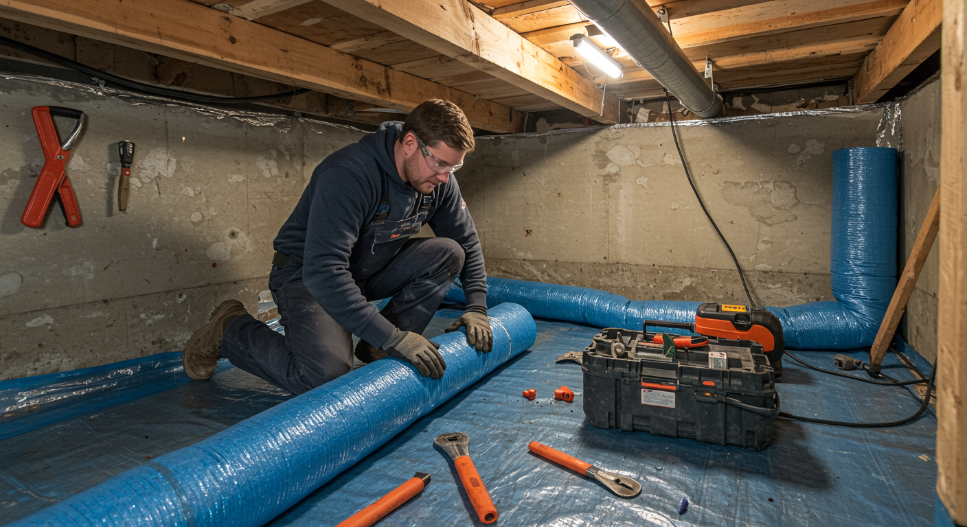 A professional technician installing a vapor barrier in a crawl space. The technician is focused on the task, surrounded by tools and materials, with the encapsulated area clearly visible in the background.