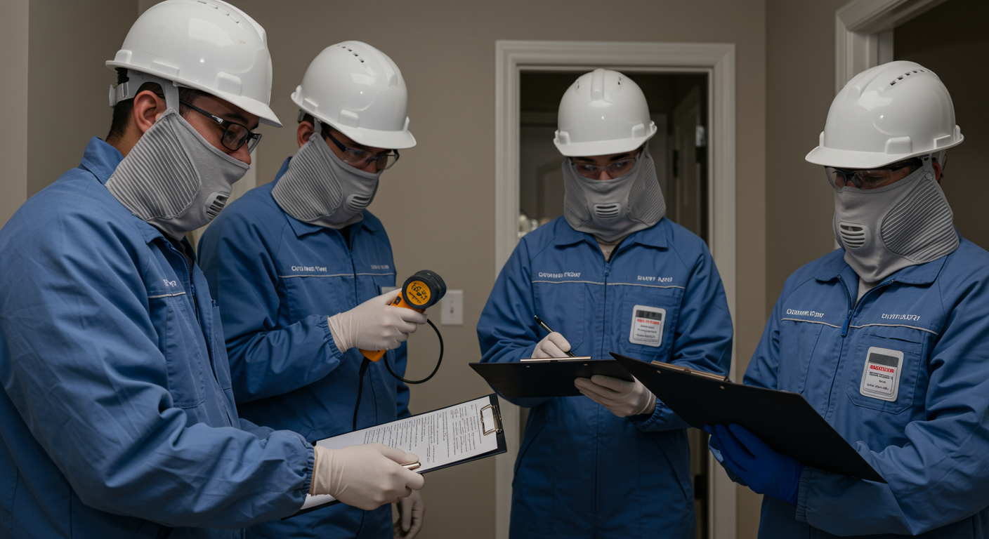 A professional mold remediation team inspecting a home with equipment like moisture meters and air quality monitors. The focus is on the teamwork and professionalism in addressing mold issues.