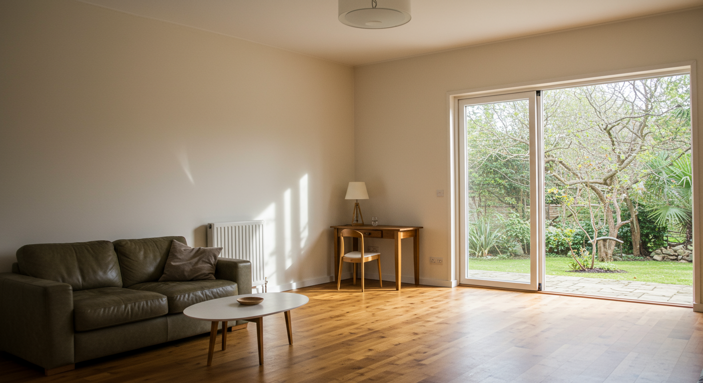 A serene home environment post-restoration, showcasing a beautifully restored living area with natural light streaming in. The image conveys a sense of comfort and safety, emphasizing the benefits of professional restoration services.