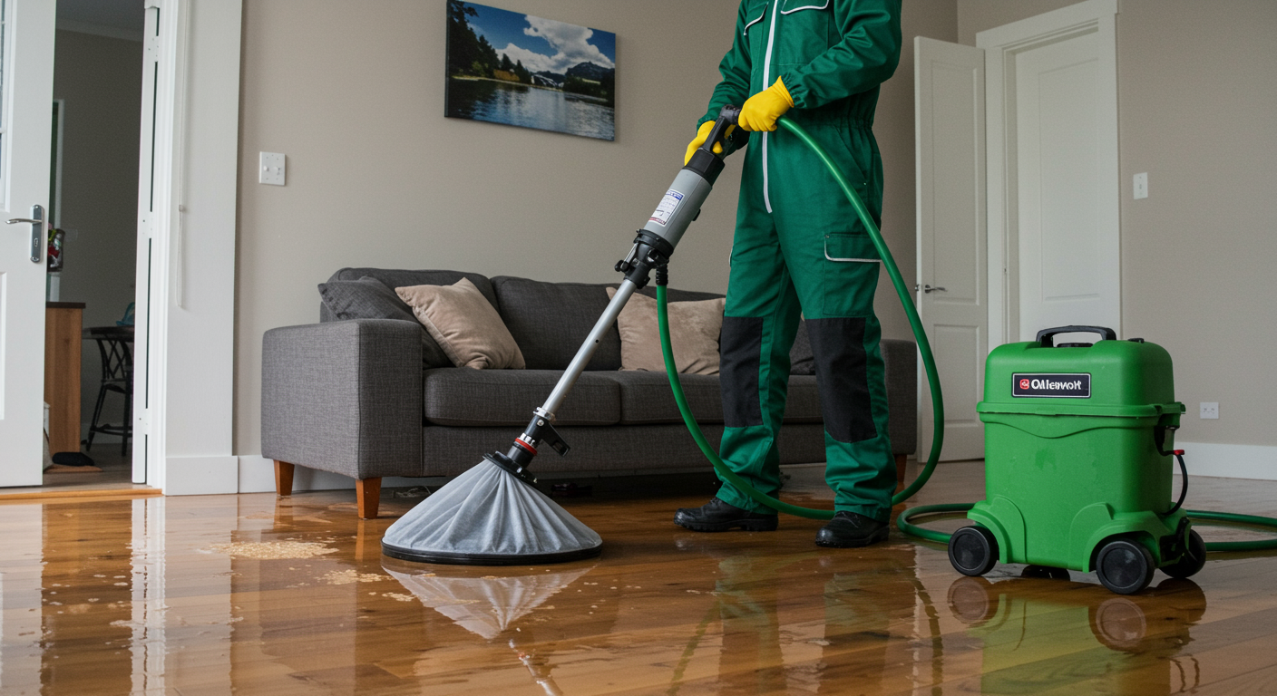 A professional technician in safety gear using a high-powered water extraction machine in a flooded living room. The focus is on the technician actively working, with water pooling on the floor.