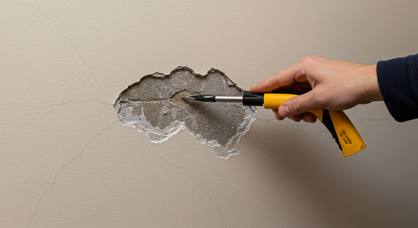 A close-up of a water-damaged wall being inspected by a contractor, highlighting the extent of the damage. The image captures the seriousness of water damage and the need for professional assessment.