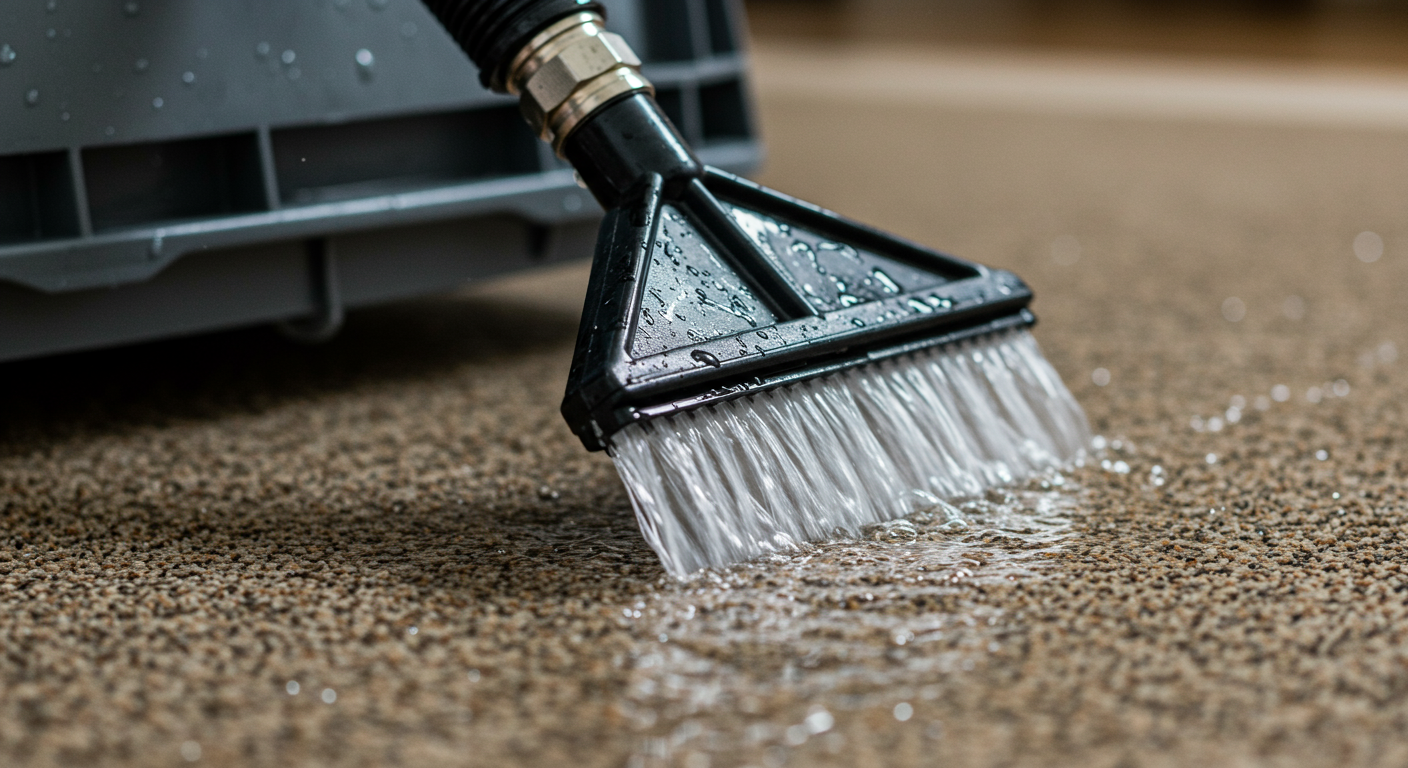 A close-up of a water extraction machine in use, with water being sucked from a carpet. The focus is on the machine's nozzle and the water flow, capturing the technical aspect of water removal.