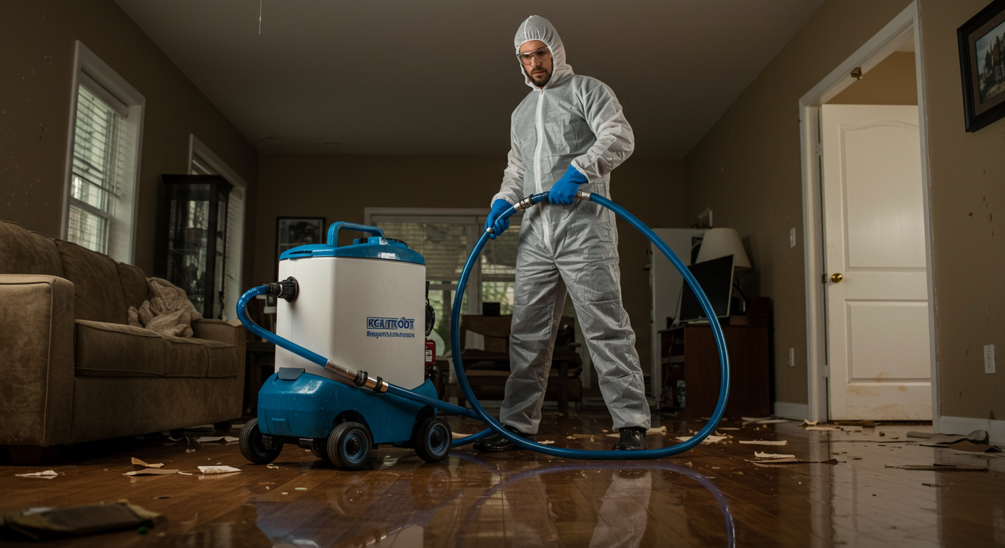 A professional restoration technician in action, using specialized equipment to extract water from a flooded living room.