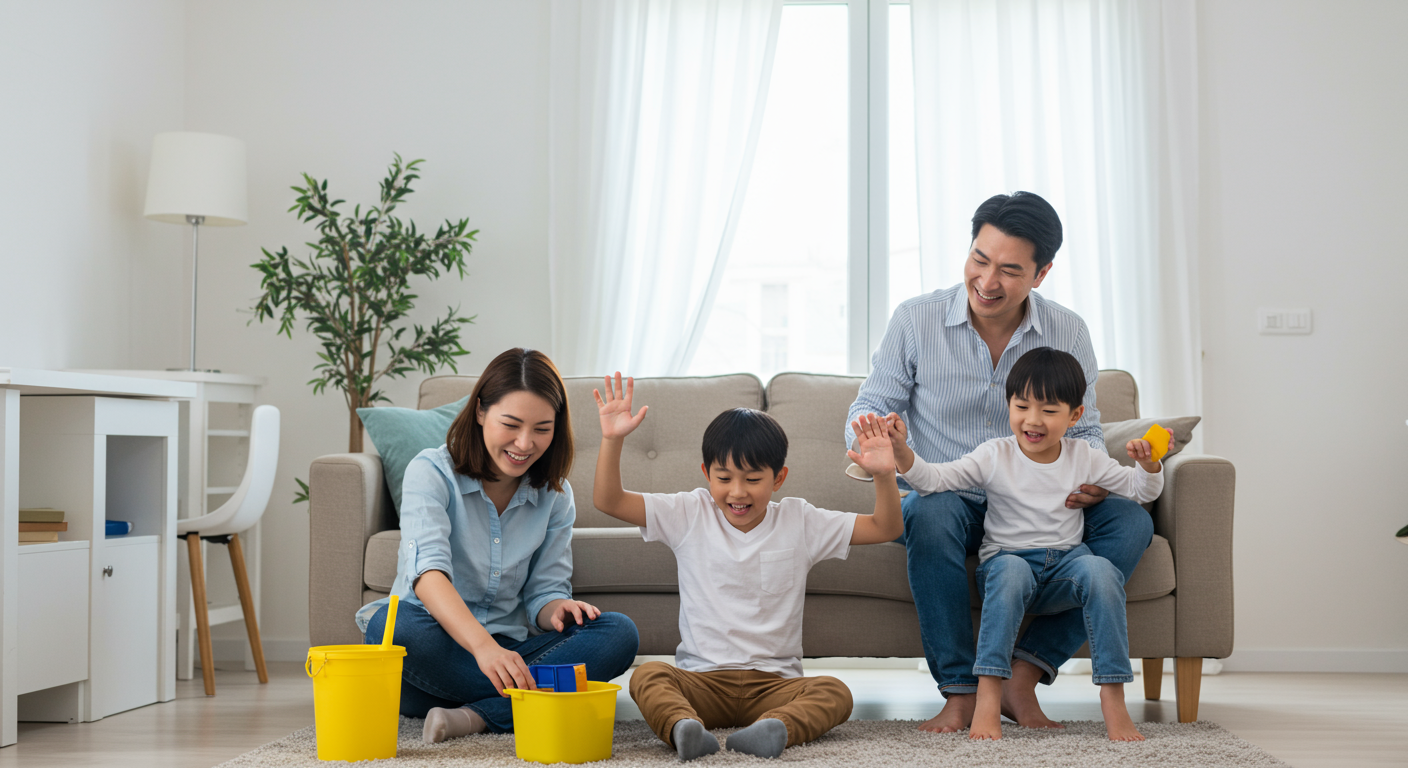 A family enjoying time together in a bright, clean living room that has undergone mold remediation, symbolizing a safe and healthy environment.