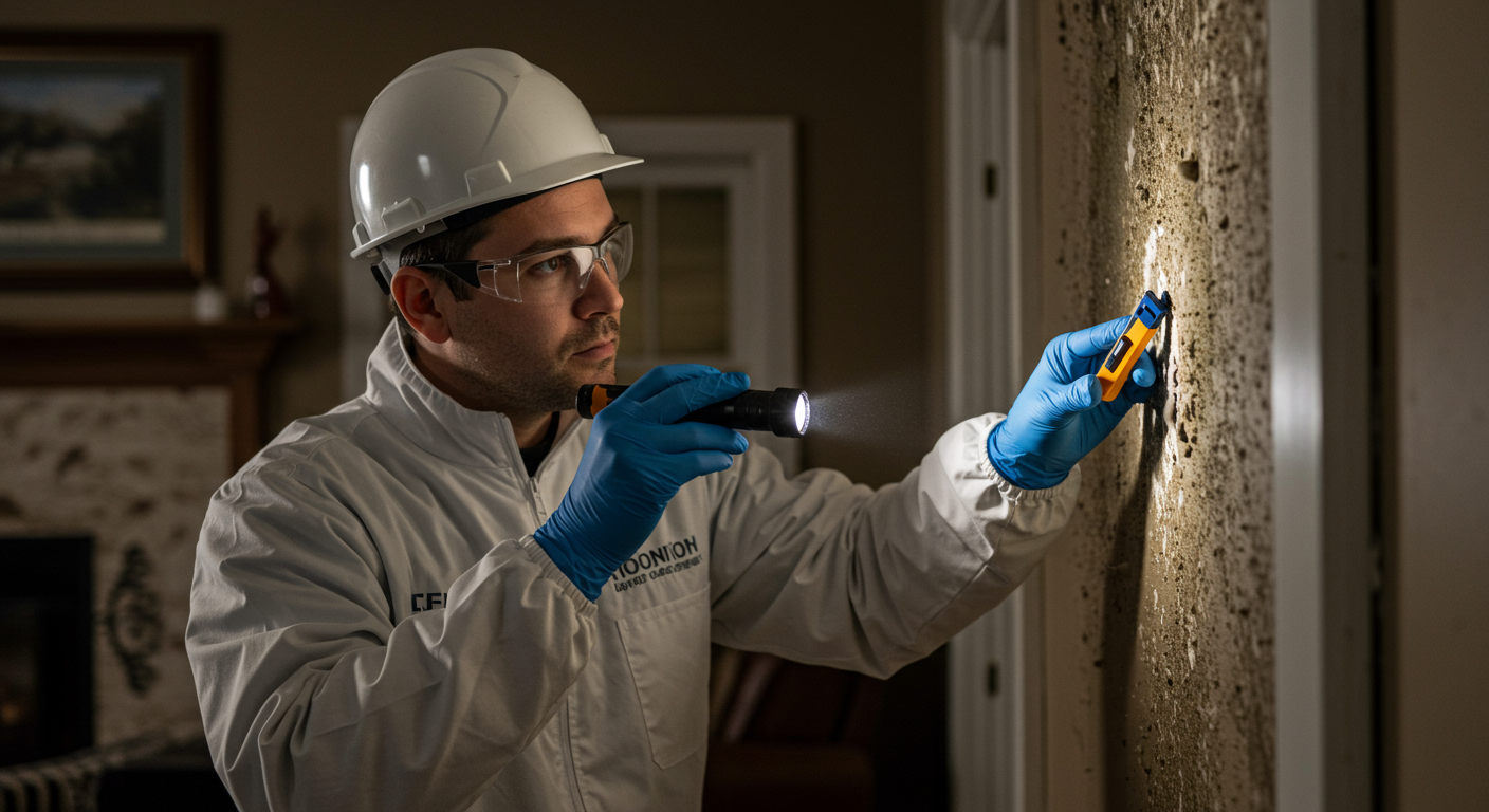 A professional mold inspector examining a wall with visible mold growth using a flashlight and tools. The background shows a cozy Evanston home setting, emphasizing local relevance.