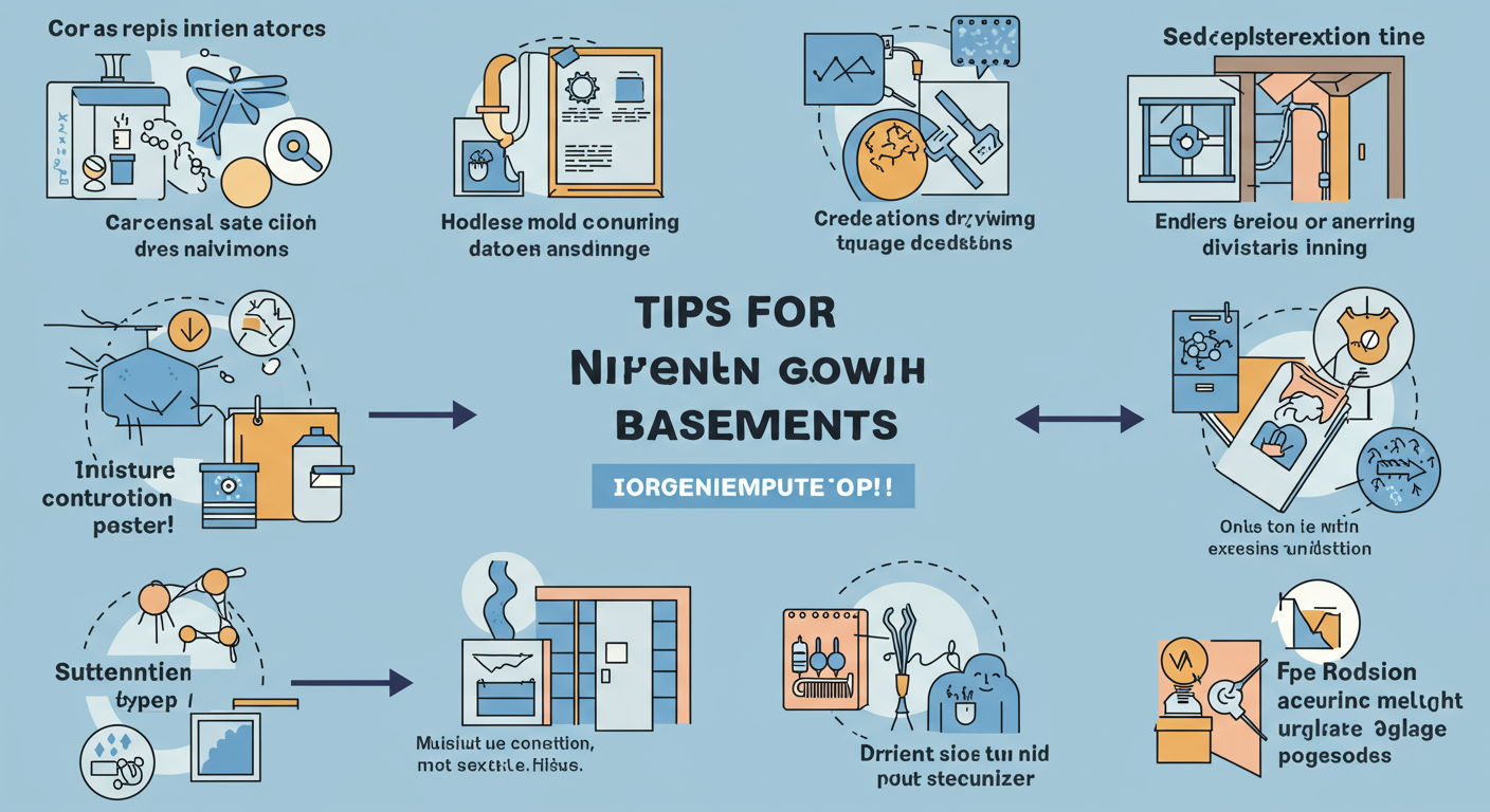 A visually appealing infographic-style image depicting tips for preventing mold growth in basements, such as moisture control and ventilation.