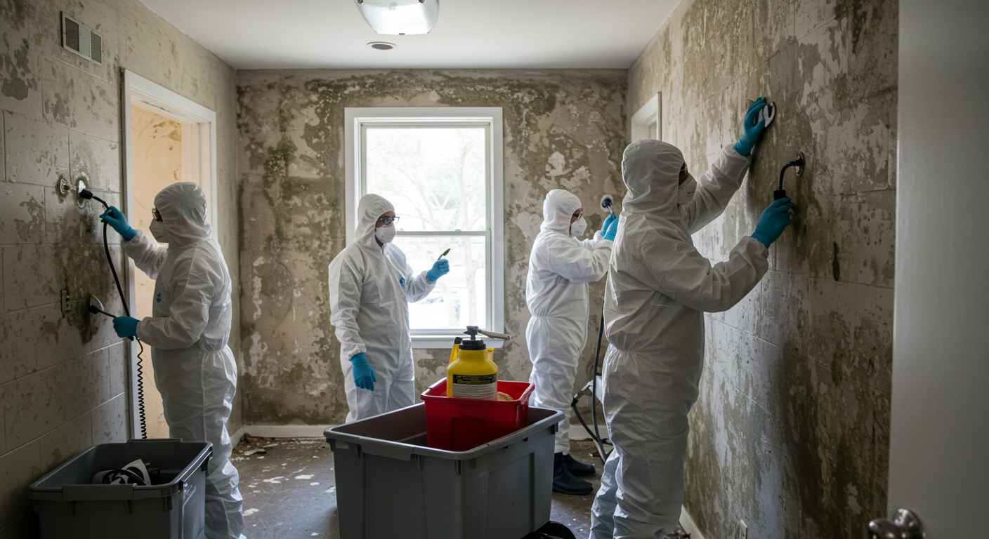 A team of certified mold remediation specialists is actively removing mold from a wall. They are using specialized equipment and wearing protective suits, showcasing a clean and organized workspace.