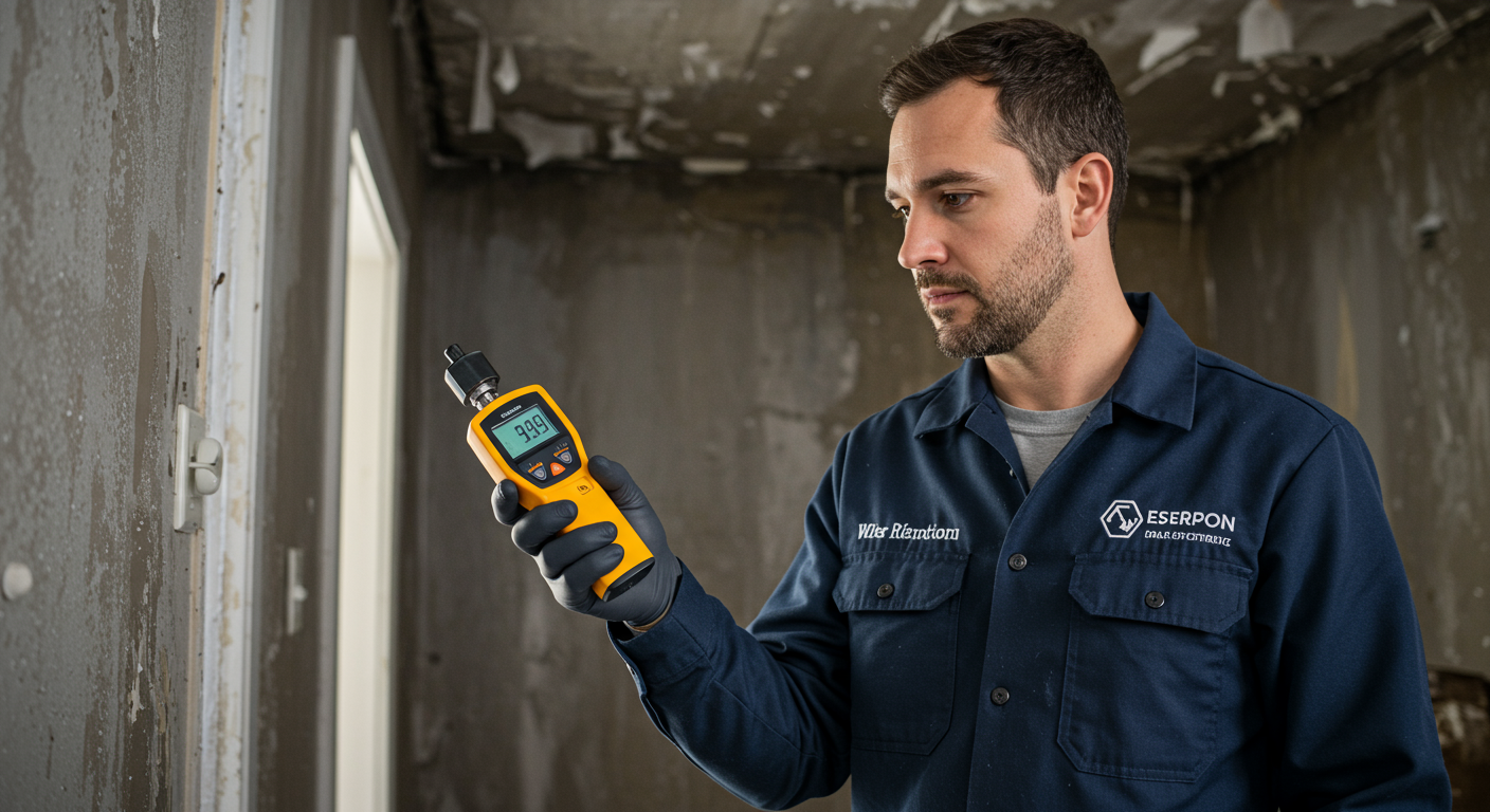 A water restoration technician inspecting a home for water damage with a moisture meter.